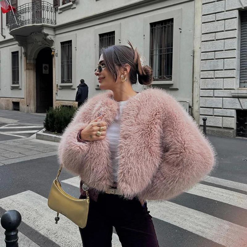 Neo Mint Brand Fashion 2024 Winter Sweet Pink Cropped Faux Fur Coat Women Streetwear Ins Chic Girls Fluffy Fox Fur Jacket Female