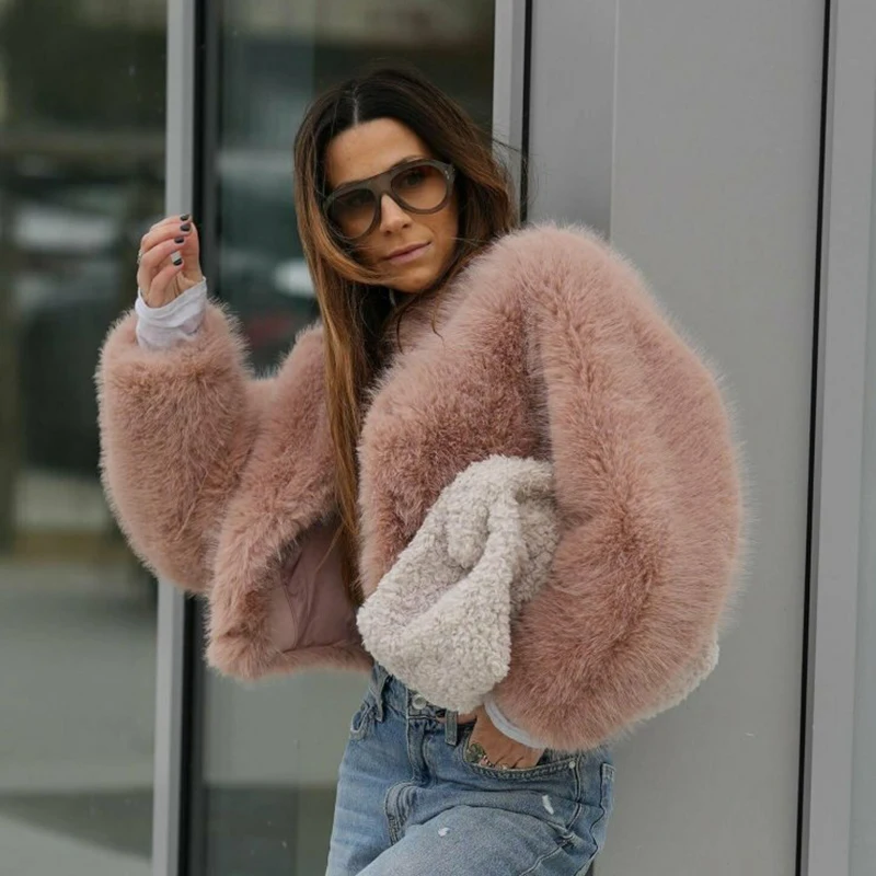 Neo Mint Brand Fashion 2024 Winter Sweet Pink Cropped Faux Fur Coat Women Streetwear Ins Chic Girls Fluffy Fox Fur Jacket Female