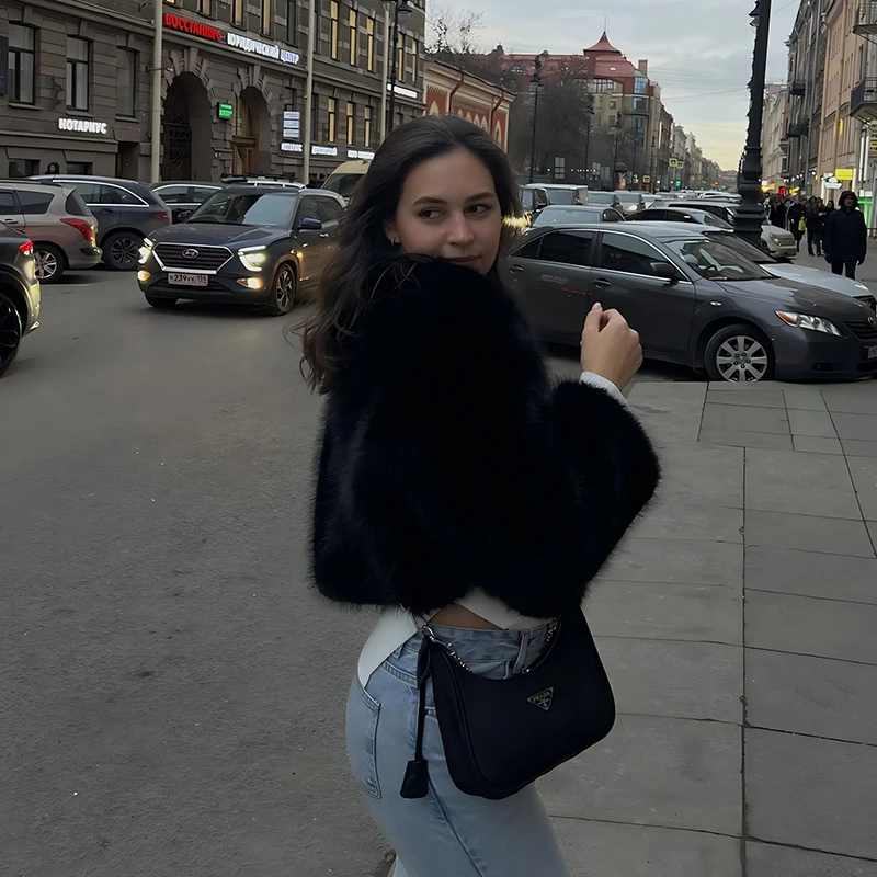 Neo Mint Brand Fashion 2024 Winter Sweet Pink Cropped Faux Fur Coat Women Streetwear Ins Chic Girls Fluffy Fox Fur Jacket Female