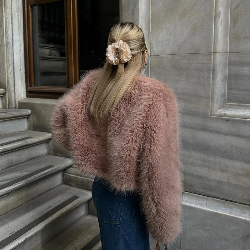 Neo Mint Brand Fashion 2024 Winter Sweet Pink Cropped Faux Fur Coat Women Streetwear Ins Chic Girls Fluffy Fox Fur Jacket Female