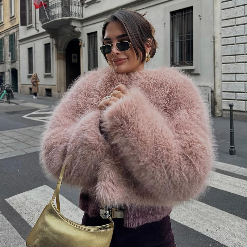 Neo Mint Brand Fashion 2024 Winter Sweet Pink Cropped Faux Fur Coat Women Streetwear Ins Chic Girls Fluffy Fox Fur Jacket Female