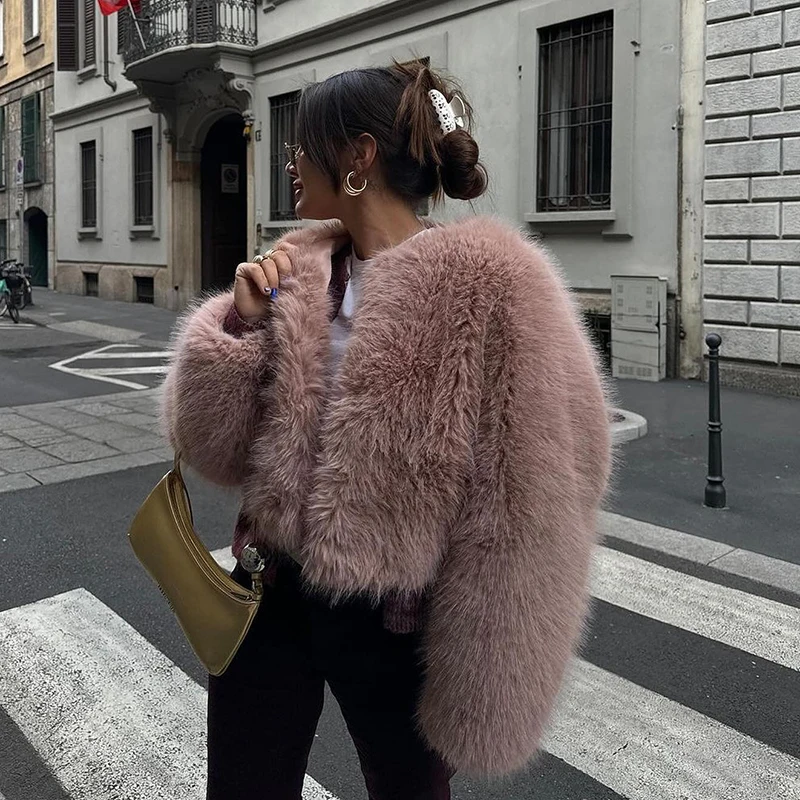 Neo Mint Brand Fashion 2024 Winter Sweet Pink Cropped Faux Fur Coat Women Streetwear Ins Chic Girls Fluffy Fox Fur Jacket Female