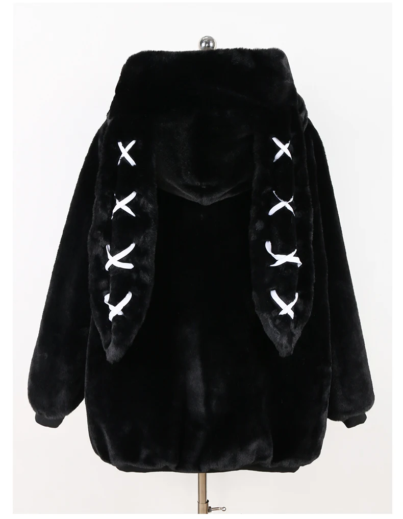 Nerazzurri Autumn Winter Sweet Cute Kawaii Soft Thick Warm Faux Fur Coat Women with Bunny Ears Cute Fluffy Jacket Hoodie 2024