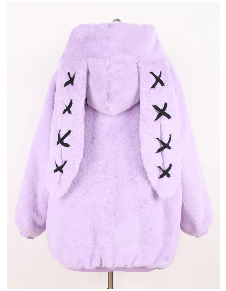 Nerazzurri Autumn Winter Sweet Cute Kawaii Soft Thick Warm Faux Fur Coat Women with Bunny Ears Cute Fluffy Jacket Hoodie 2024