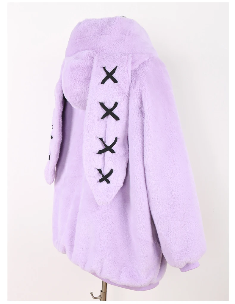 Nerazzurri Autumn Winter Sweet Cute Kawaii Soft Thick Warm Faux Fur Coat Women with Bunny Ears Cute Fluffy Jacket Hoodie 2024