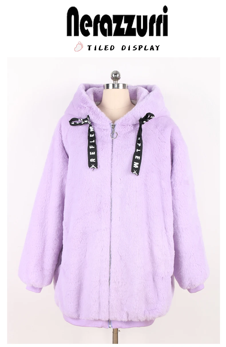 Nerazzurri Autumn Winter Sweet Cute Kawaii Soft Thick Warm Faux Fur Coat Women with Bunny Ears Cute Fluffy Jacket Hoodie 2024