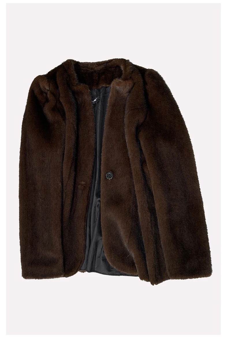 Mauroicardi Autumn Winter Short Brown Warm Soft Fitted Faux Mink Fur Blazer Women Elegant Luxury Chic Skirted Fluffy Jacket Coat