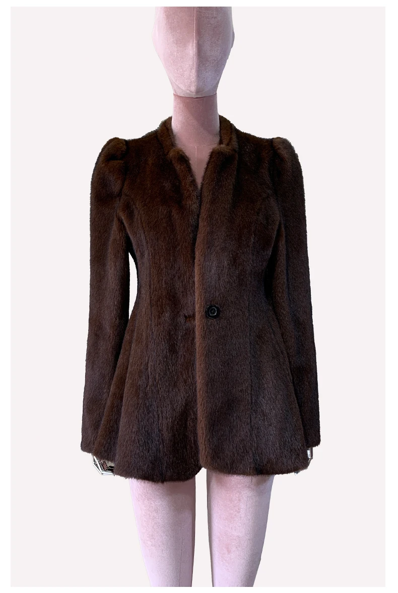 Mauroicardi Autumn Winter Short Brown Warm Soft Fitted Faux Mink Fur Blazer Women Elegant Luxury Chic Skirted Fluffy Jacket Coat