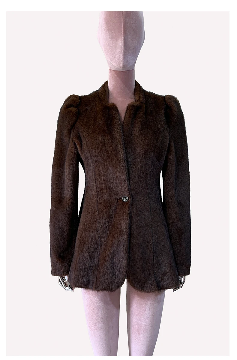 Mauroicardi Autumn Winter Short Brown Warm Soft Fitted Faux Mink Fur Blazer Women Elegant Luxury Chic Skirted Fluffy Jacket Coat