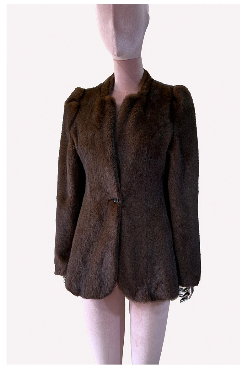 Mauroicardi Autumn Winter Short Brown Warm Soft Fitted Faux Mink Fur Blazer Women Elegant Luxury Chic Skirted Fluffy Jacket Coat