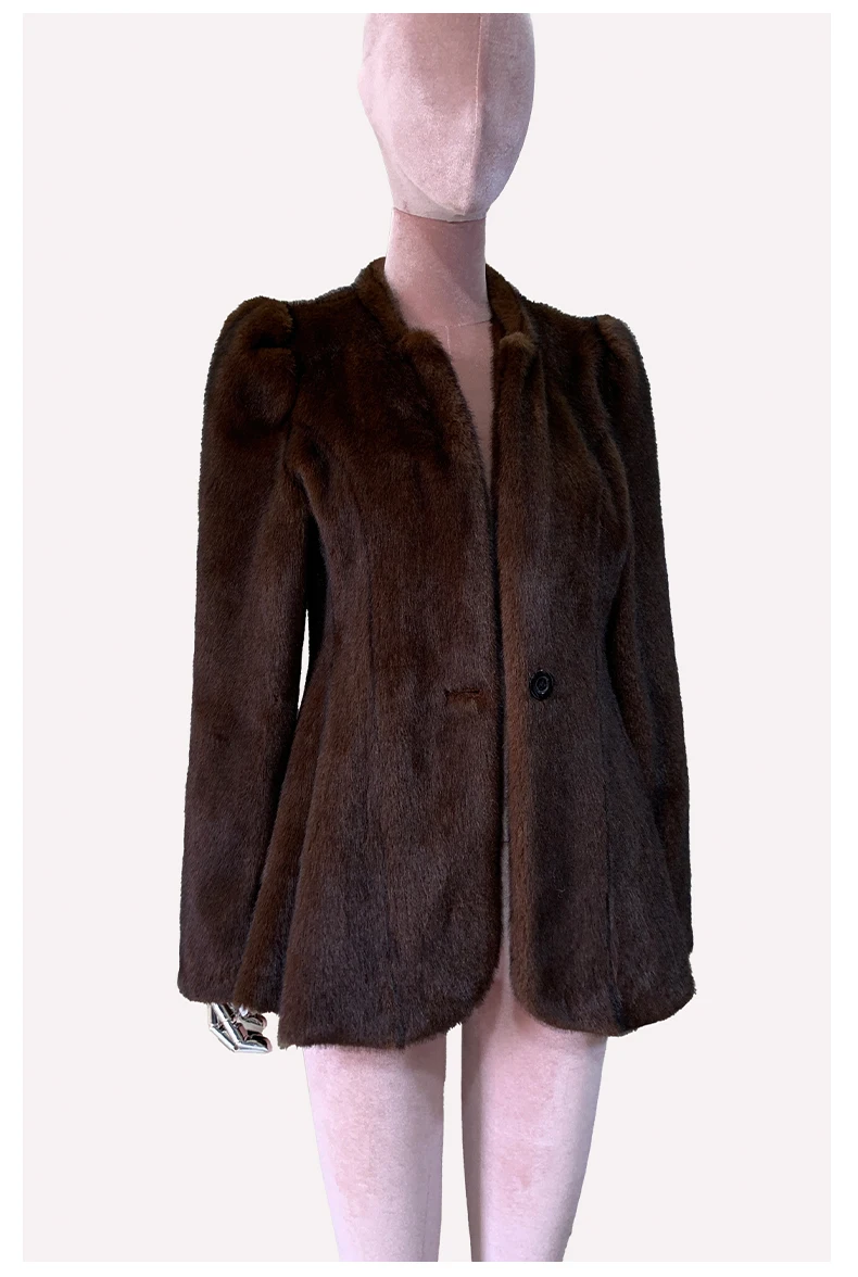 Mauroicardi Autumn Winter Short Brown Warm Soft Fitted Faux Mink Fur Blazer Women Elegant Luxury Chic Skirted Fluffy Jacket Coat