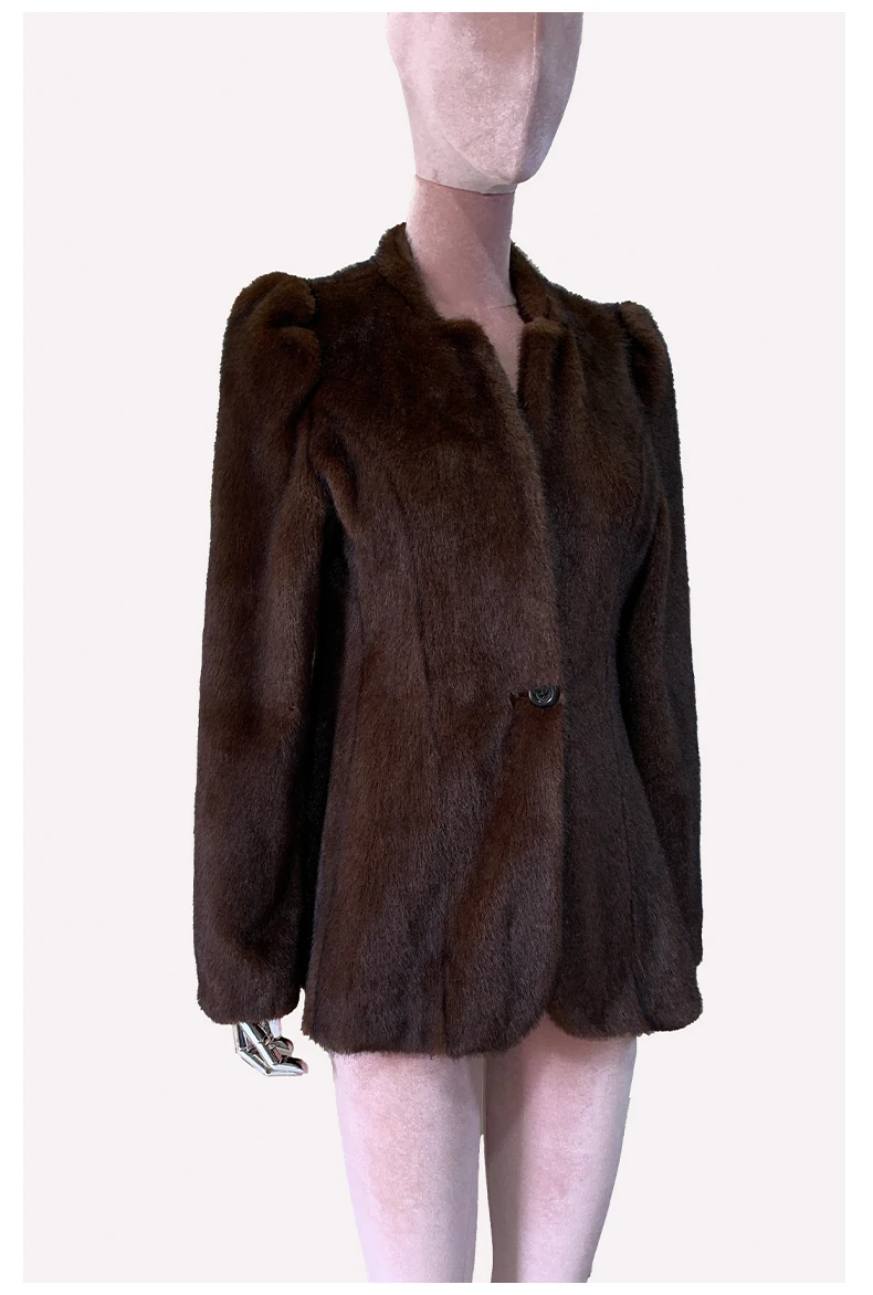 Mauroicardi Autumn Winter Short Brown Warm Soft Fitted Faux Mink Fur Blazer Women Elegant Luxury Chic Skirted Fluffy Jacket Coat