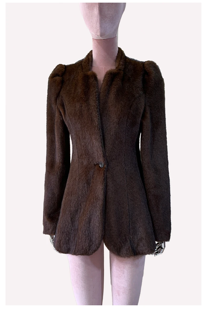Mauroicardi Autumn Winter Short Brown Warm Soft Fitted Faux Mink Fur Blazer Women Elegant Luxury Chic Skirted Fluffy Jacket Coat