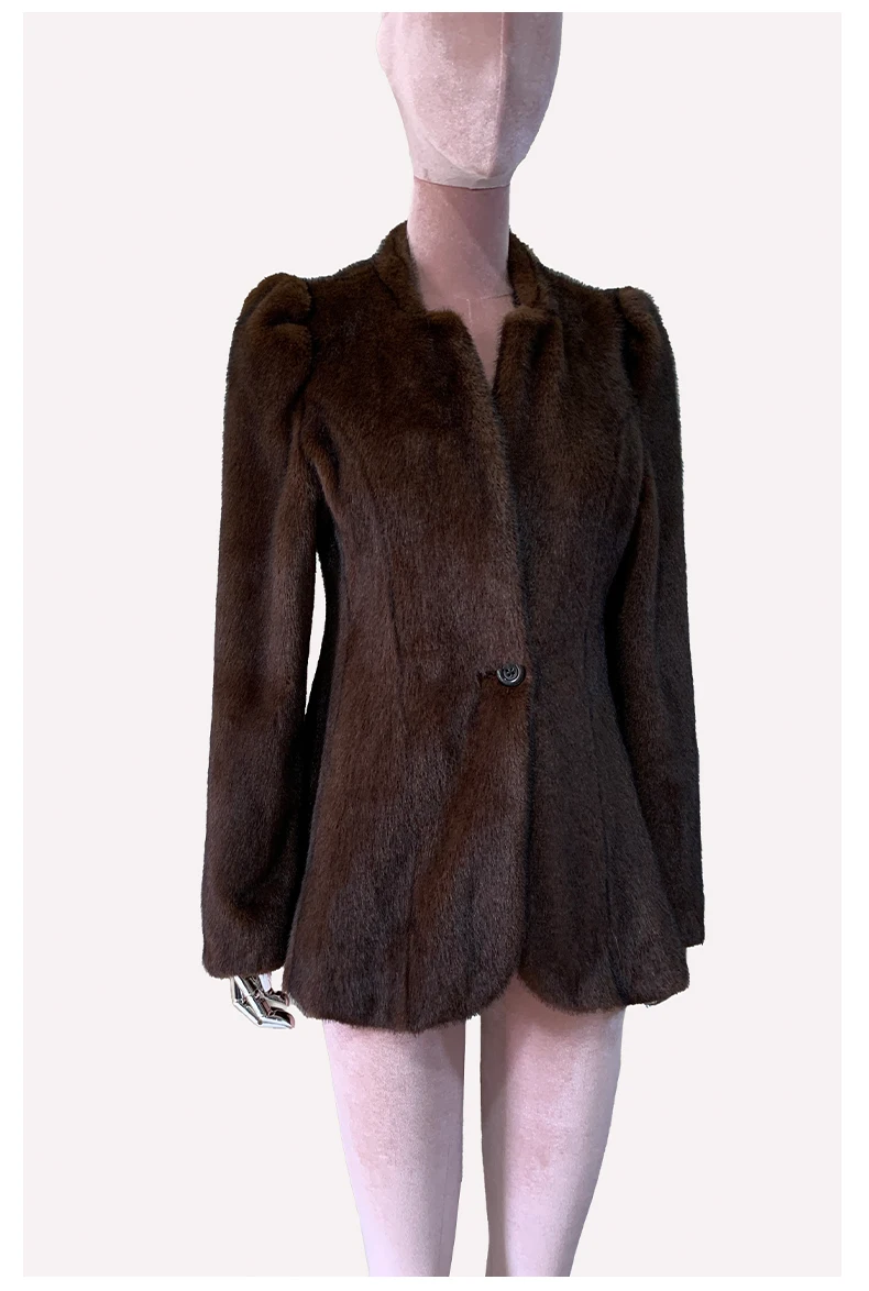 Mauroicardi Autumn Winter Short Brown Warm Soft Fitted Faux Mink Fur Blazer Women Elegant Luxury Chic Skirted Fluffy Jacket Coat