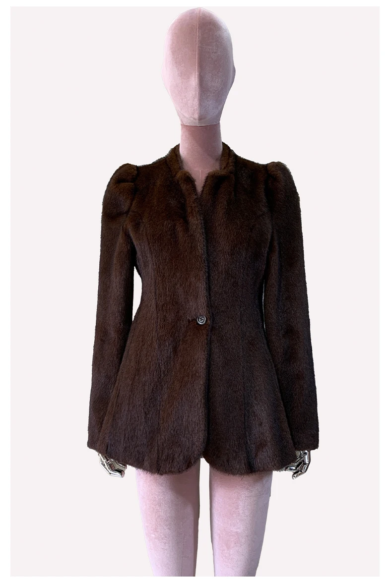 Mauroicardi Autumn Winter Short Brown Warm Soft Fitted Faux Mink Fur Blazer Women Elegant Luxury Chic Skirted Fluffy Jacket Coat