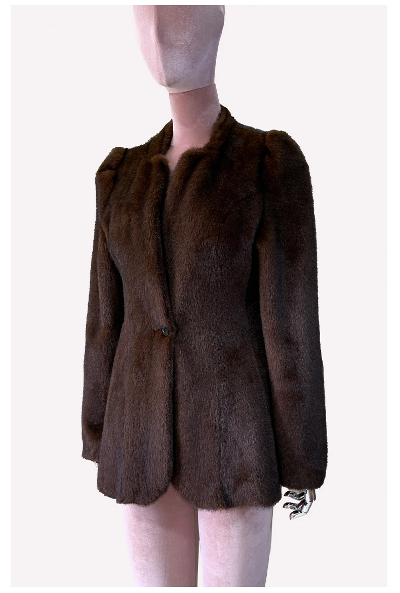 Mauroicardi Autumn Winter Short Brown Warm Soft Fitted Faux Mink Fur Blazer Women Elegant Luxury Chic Skirted Fluffy Jacket Coat