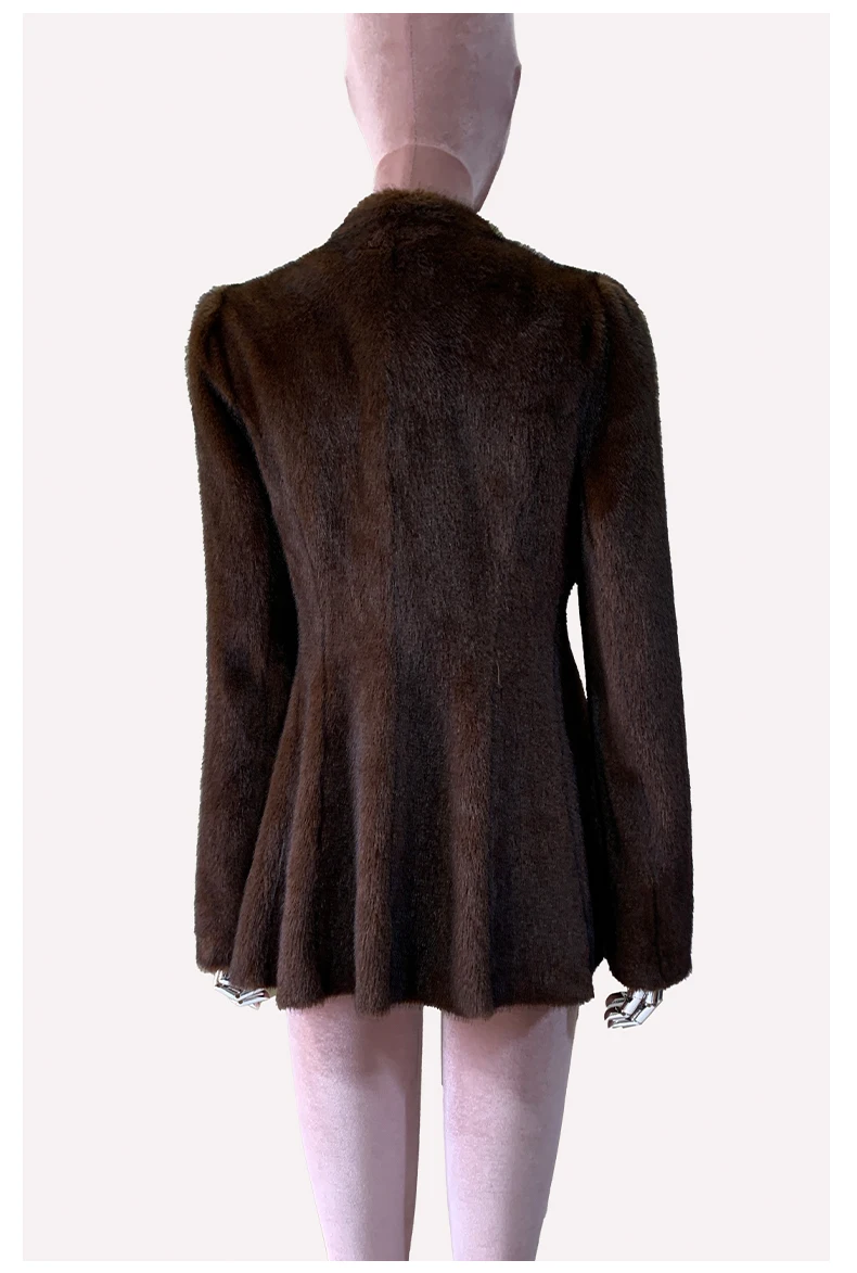 Mauroicardi Autumn Winter Short Brown Warm Soft Fitted Faux Mink Fur Blazer Women Elegant Luxury Chic Skirted Fluffy Jacket Coat