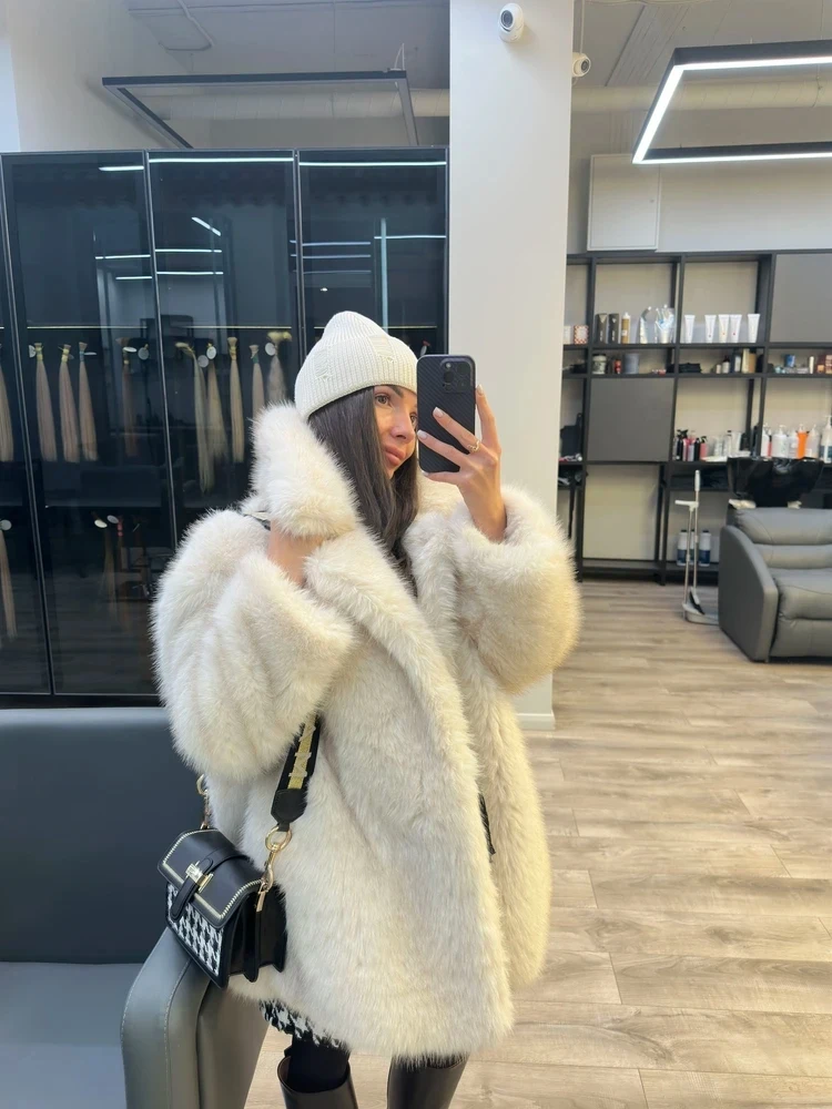 New Thick Cotton Winter Fur Coat Women Suit Collar White Medium Long Luxury Fox Fur Overcoat High Quality Fury Plush Jacket