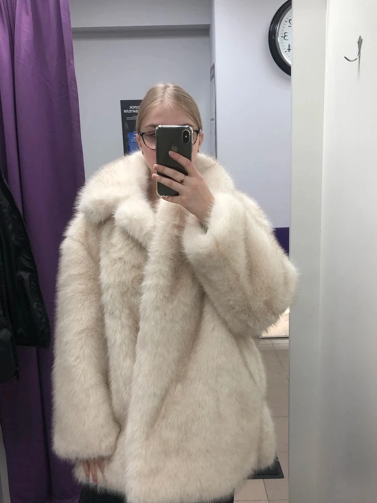 New Thick Cotton Winter Fur Coat Women Suit Collar White Medium Long Luxury Fox Fur Overcoat High Quality Fury Plush Jacket
