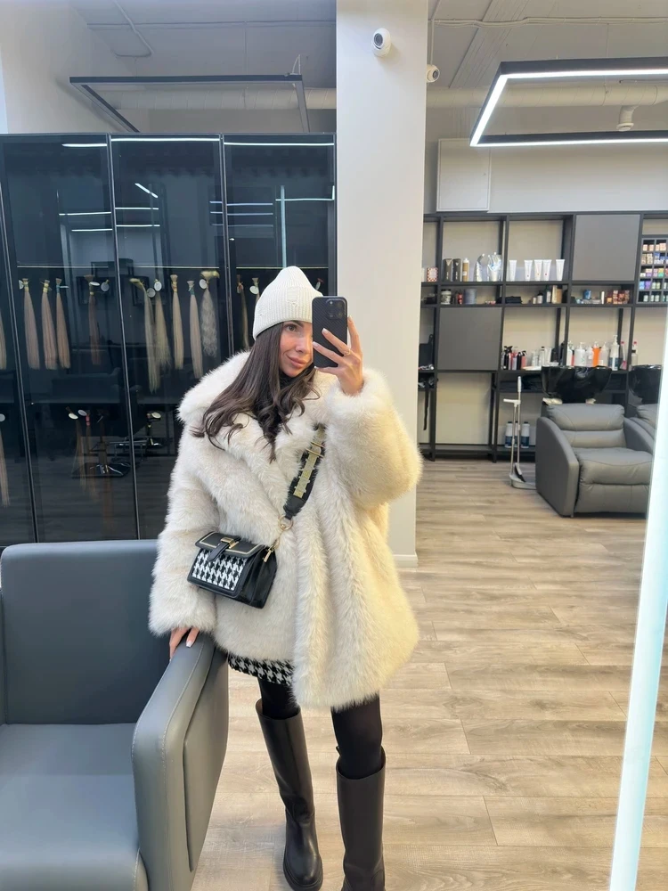 New Thick Cotton Winter Fur Coat Women Suit Collar White Medium Long Luxury Fox Fur Overcoat High Quality Fury Plush Jacket