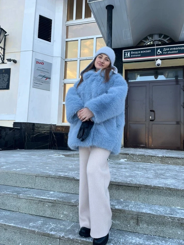 New Thick Cotton Winter Fur Coat Women Suit Collar White Medium Long Luxury Fox Fur Overcoat High Quality Fury Plush Jacket