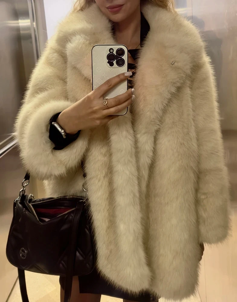 New Thick Cotton Winter Fur Coat Women Suit Collar White Medium Long Luxury Fox Fur Overcoat High Quality Fury Plush Jacket