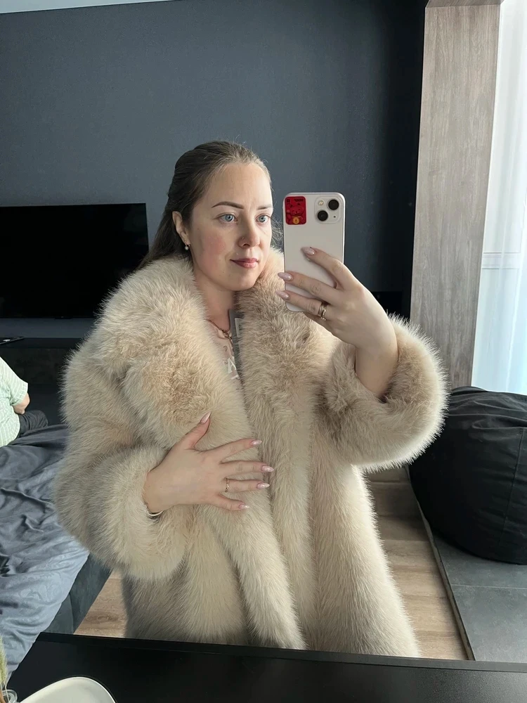 New Thick Cotton Winter Fur Coat Women Suit Collar White Medium Long Luxury Fox Fur Overcoat High Quality Fury Plush Jacket