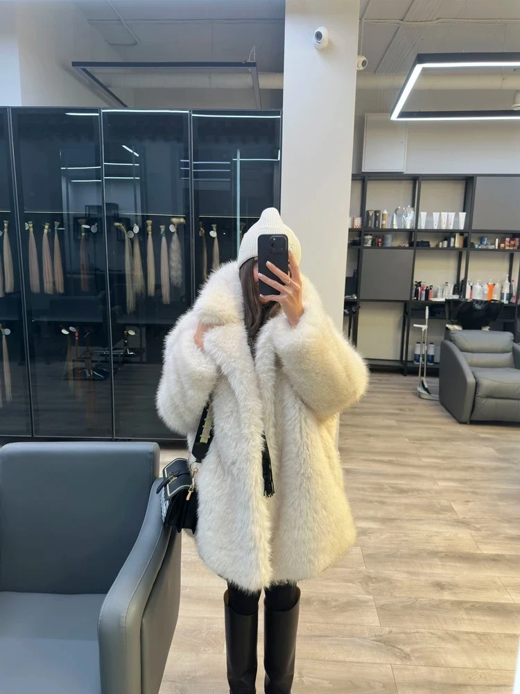 New Thick Cotton Winter Fur Coat Women Suit Collar White Medium Long Luxury Fox Fur Overcoat High Quality Fury Plush Jacket
