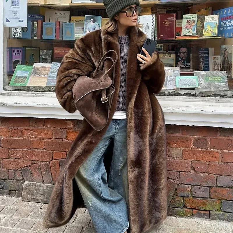 European And American Brown Eco-Friendly Artificial Fur Coat For Women Thickened High Street Loose Oversize Fashion Streetwear