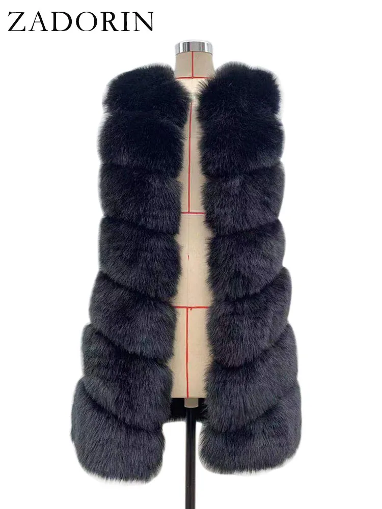 ZADORIN 85cm Long Warm Faux Fur Vest Women Winter Fluffy Sleeveless Faux Fox Fur Vests Waistcoat Faux Fur Jacket Women Fur Coats
