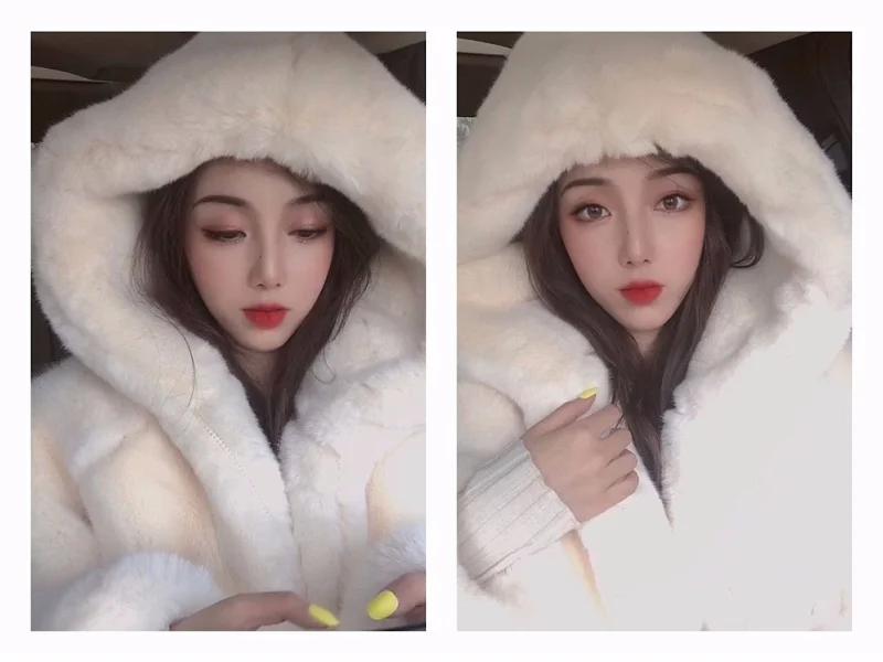 High Quality Quilted Thick Furry Coat Female Autumn And Winter Lamb Plush Imitation Mink Rex Rabbit Fur Coat Women Hooded Jacket