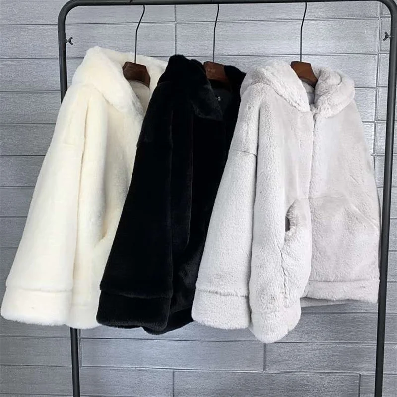High Quality Quilted Thick Furry Coat Female Autumn And Winter Lamb Plush Imitation Mink Rex Rabbit Fur Coat Women Hooded Jacket