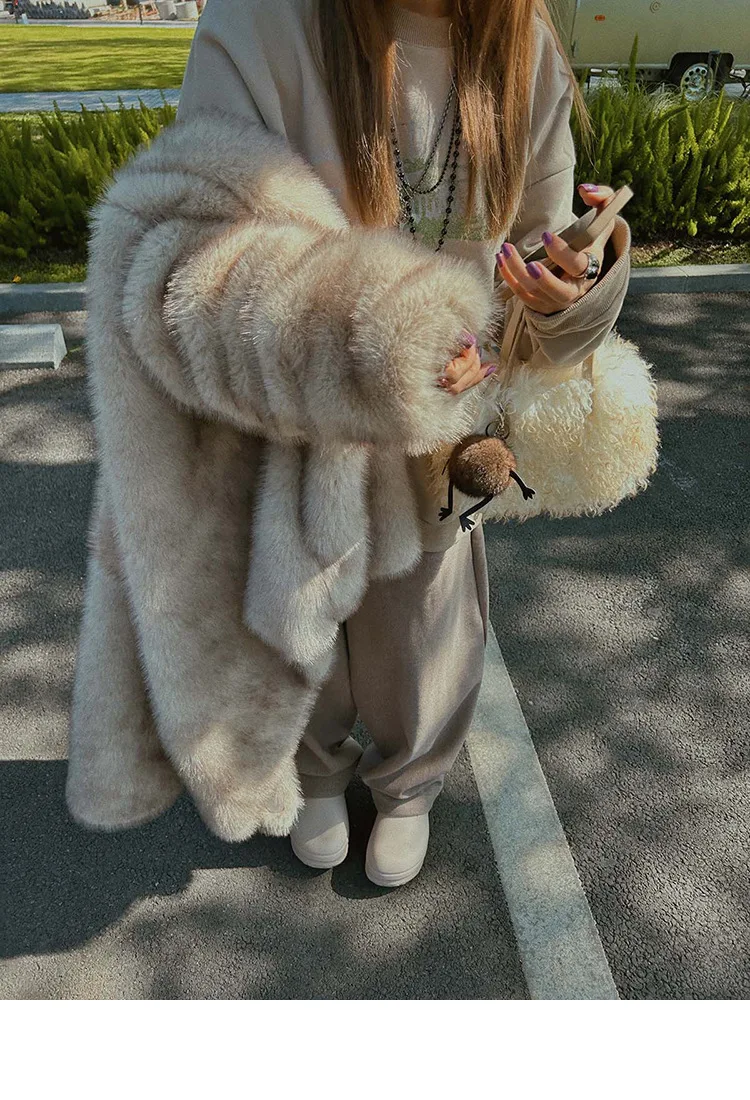 French Style Slouchy Faux Fur Coat Women Fluffy Dyed Tip Mid-Length Fox Fur Jacket V-Neck Autumn Winter Thickened Fur Overcoat