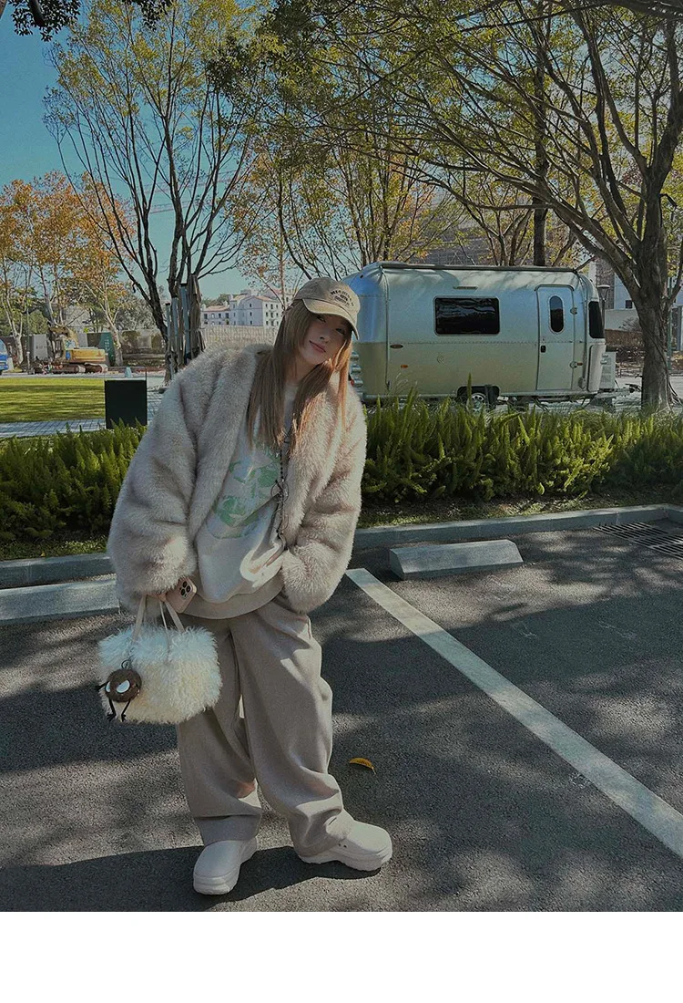 French Style Slouchy Faux Fur Coat Women Fluffy Dyed Tip Mid-Length Fox Fur Jacket V-Neck Autumn Winter Thickened Fur Overcoat