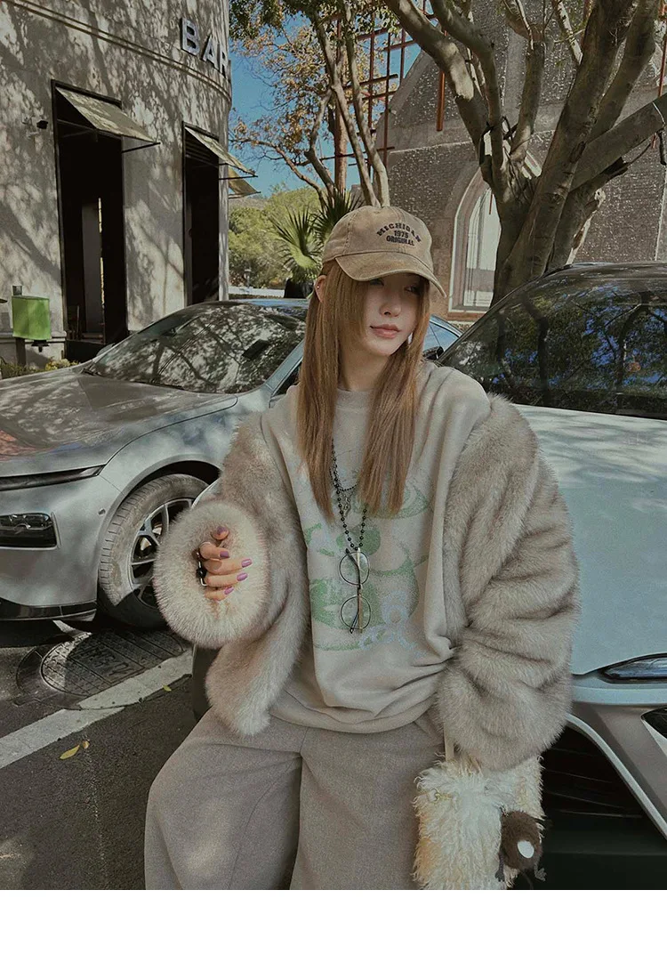 French Style Slouchy Faux Fur Coat Women Fluffy Dyed Tip Mid-Length Fox Fur Jacket V-Neck Autumn Winter Thickened Fur Overcoat