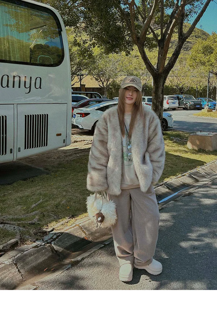 French Style Slouchy Faux Fur Coat Women Fluffy Dyed Tip Mid-Length Fox Fur Jacket V-Neck Autumn Winter Thickened Fur Overcoat