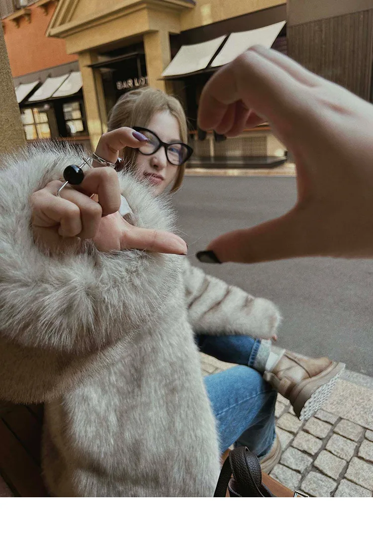 French Style Slouchy Faux Fur Coat Women Fluffy Dyed Tip Mid-Length Fox Fur Jacket V-Neck Autumn Winter Thickened Fur Overcoat