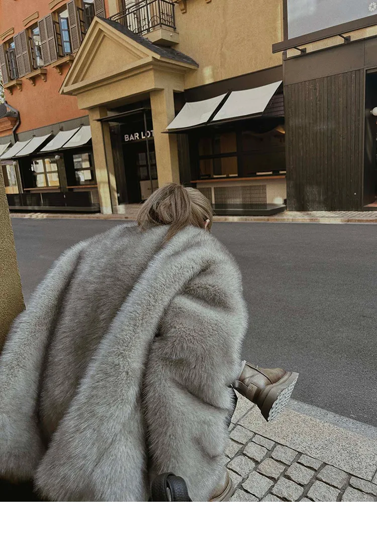 French Style Slouchy Faux Fur Coat Women Fluffy Dyed Tip Mid-Length Fox Fur Jacket V-Neck Autumn Winter Thickened Fur Overcoat