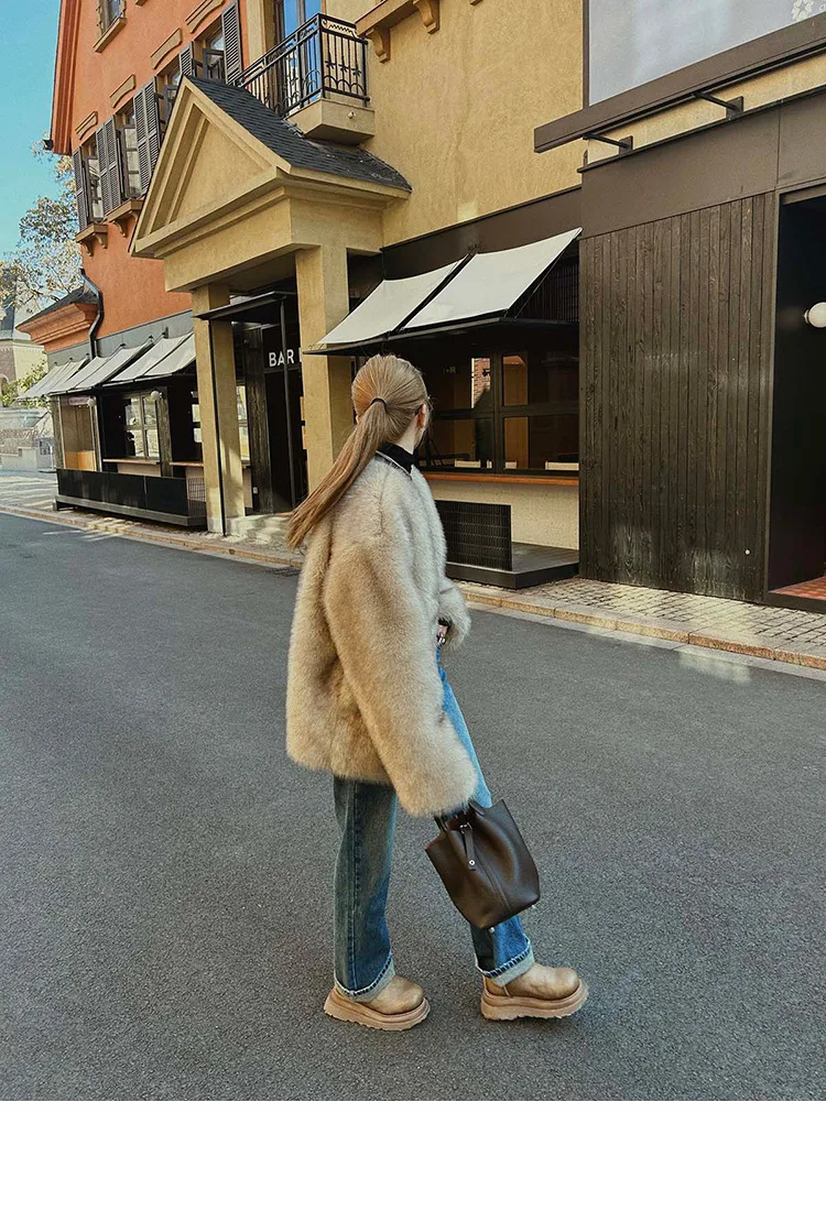 French Style Slouchy Faux Fur Coat Women Fluffy Dyed Tip Mid-Length Fox Fur Jacket V-Neck Autumn Winter Thickened Fur Overcoat