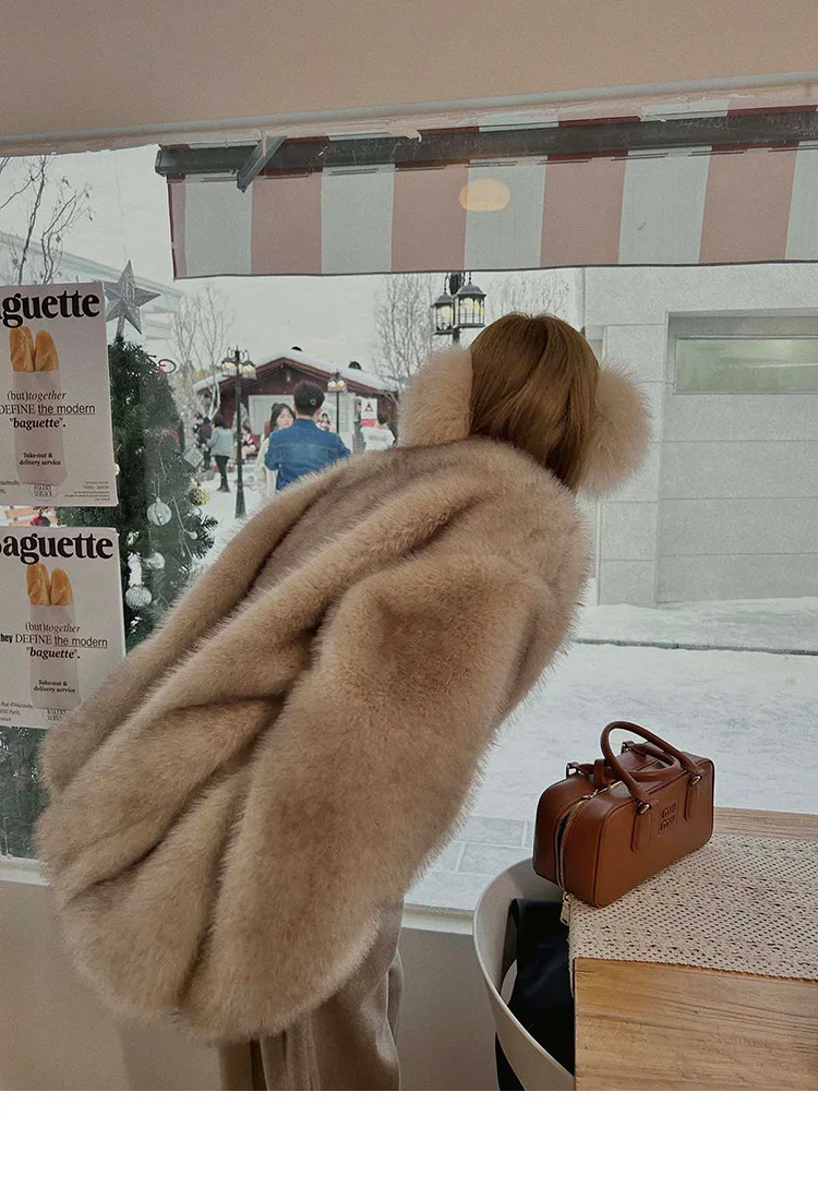 French Style Slouchy Faux Fur Coat Women Fluffy Dyed Tip Mid-Length Fox Fur Jacket V-Neck Autumn Winter Thickened Fur Overcoat