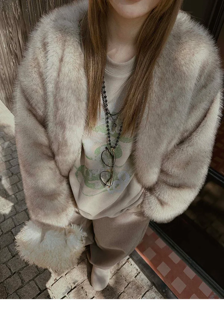 French Style Slouchy Faux Fur Coat Women Fluffy Dyed Tip Mid-Length Fox Fur Jacket V-Neck Autumn Winter Thickened Fur Overcoat