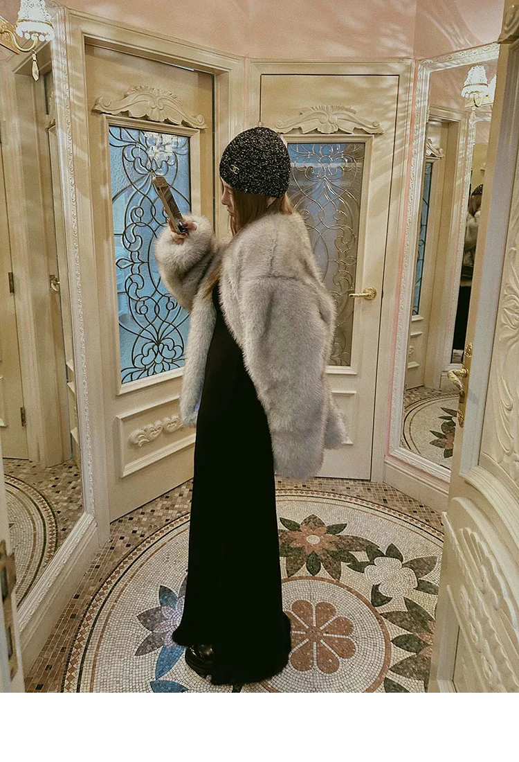 French Style Slouchy Faux Fur Coat Women Fluffy Dyed Tip Mid-Length Fox Fur Jacket V-Neck Autumn Winter Thickened Fur Overcoat