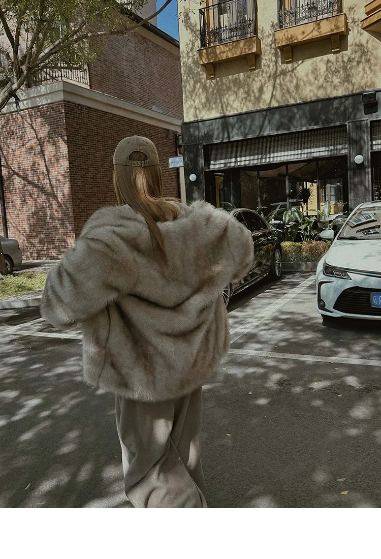 French Style Slouchy Faux Fur Coat Women Fluffy Dyed Tip Mid-Length Fox Fur Jacket V-Neck Autumn Winter Thickened Fur Overcoat
