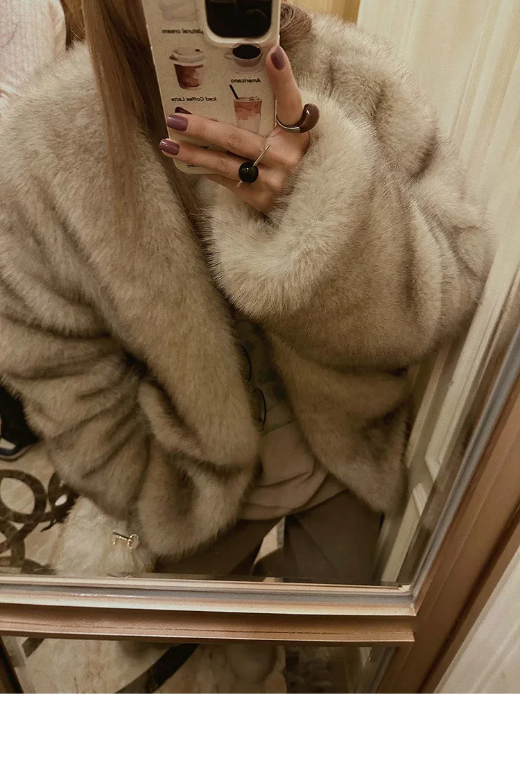 French Style Slouchy Faux Fur Coat Women Fluffy Dyed Tip Mid-Length Fox Fur Jacket V-Neck Autumn Winter Thickened Fur Overcoat