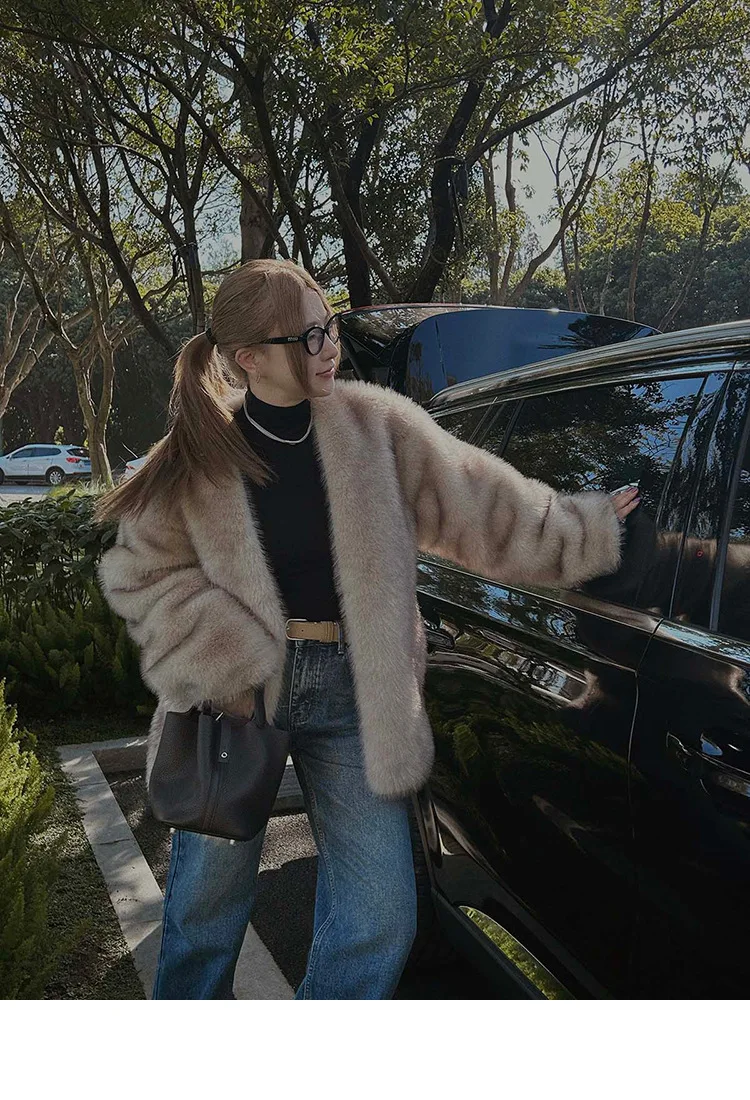 French Style Slouchy Faux Fur Coat Women Fluffy Dyed Tip Mid-Length Fox Fur Jacket V-Neck Autumn Winter Thickened Fur Overcoat