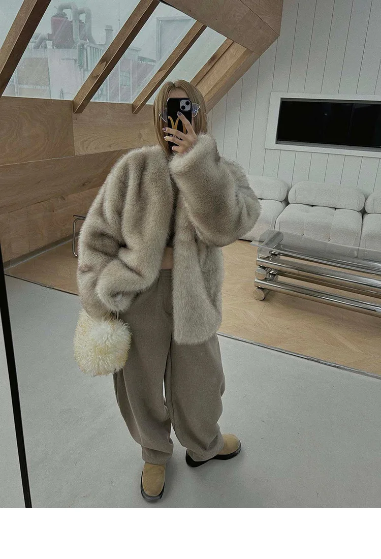 French Style Slouchy Faux Fur Coat Women Fluffy Dyed Tip Mid-Length Fox Fur Jacket V-Neck Autumn Winter Thickened Fur Overcoat