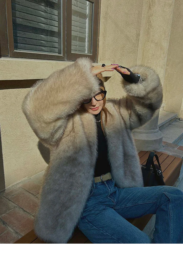 French Style Slouchy Faux Fur Coat Women Fluffy Dyed Tip Mid-Length Fox Fur Jacket V-Neck Autumn Winter Thickened Fur Overcoat
