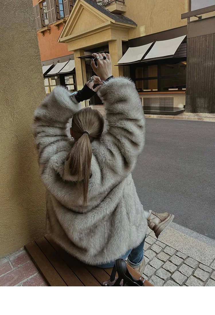 French Style Slouchy Faux Fur Coat Women Fluffy Dyed Tip Mid-Length Fox Fur Jacket V-Neck Autumn Winter Thickened Fur Overcoat