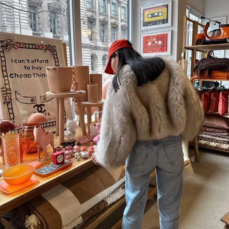 Lconic Street Fashion Luxury Brand Gardient Cropped cropped Faux Fur Coat Women Winter Hot Cool Girls Fluffy Short Fur Jacket
