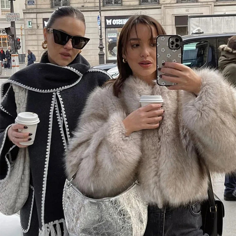 Lconic Street Fashion Luxury Brand Gardient Cropped cropped Faux Fur Coat Women Winter Hot Cool Girls Fluffy Short Fur Jacket